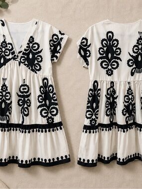Women’s Boutique Black & White Embroidered Tiered Dress